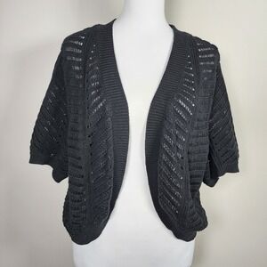 Nina Leonard Crochet Cardigan Womens 2X Black Open Knit Shrug XXL Boho Witchy